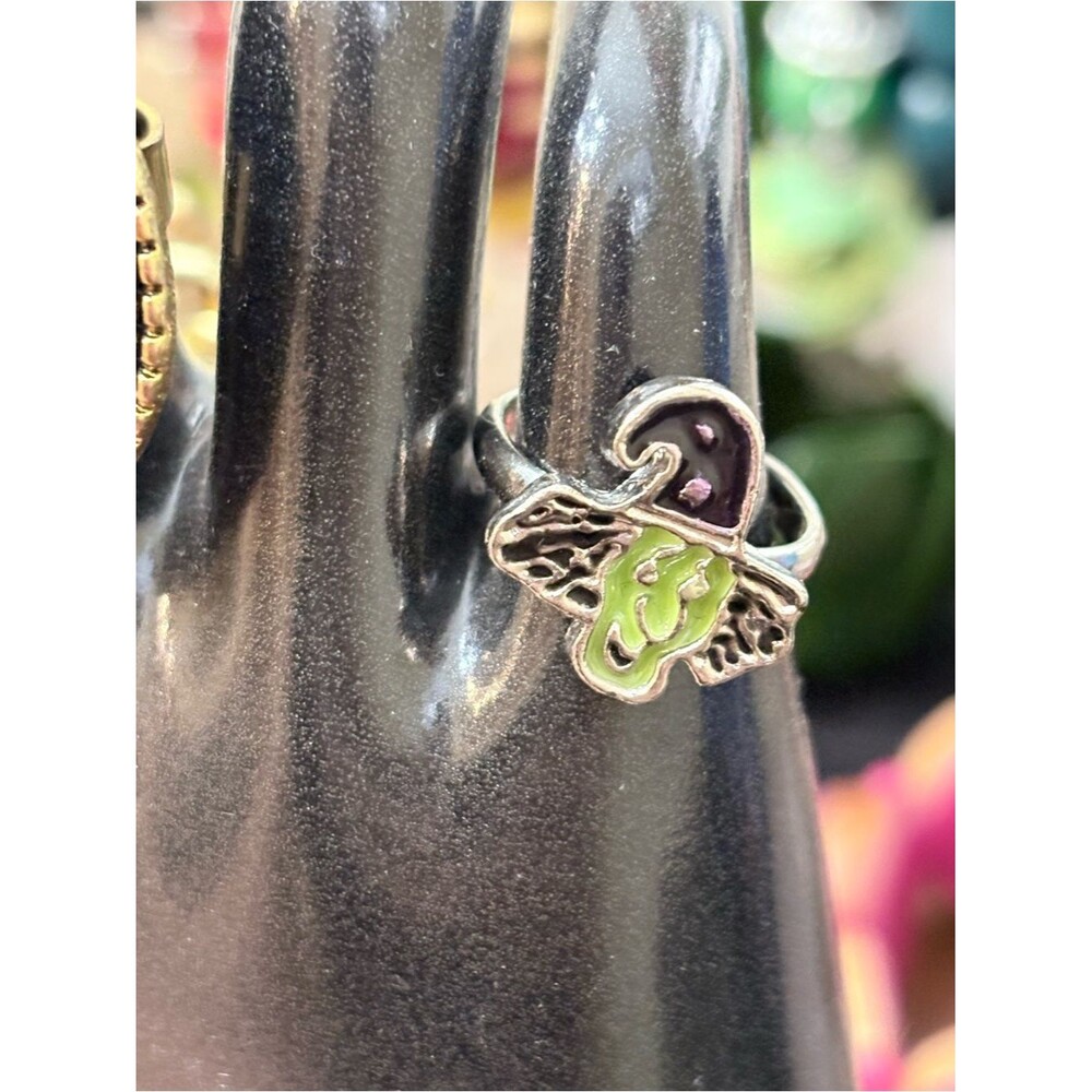 Silver Witch Hat and Green Pumpkin Enamel Ring